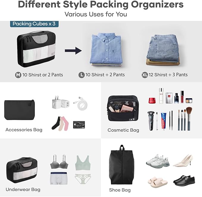 Veken 10 Set/8 Set Packing Cube for Travel Essential,Suitcase Organizer Bag in 4 Sizes,Carry-On Luggage Accessories with Laundry&Toiletry Bag, Airplane Must-Have,Road Trip&Camp Gift for Men(Pack of 2)