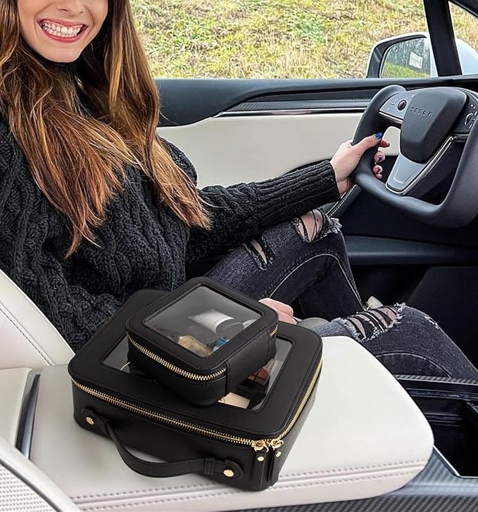 LETGO Clear Makeup Bag Set, Portable Travel Toiletry Bag Cosmetic Case for Women, Vegan Leather Make up Pouch Organizer Car Bag for Essentials (Mini+Large Black)