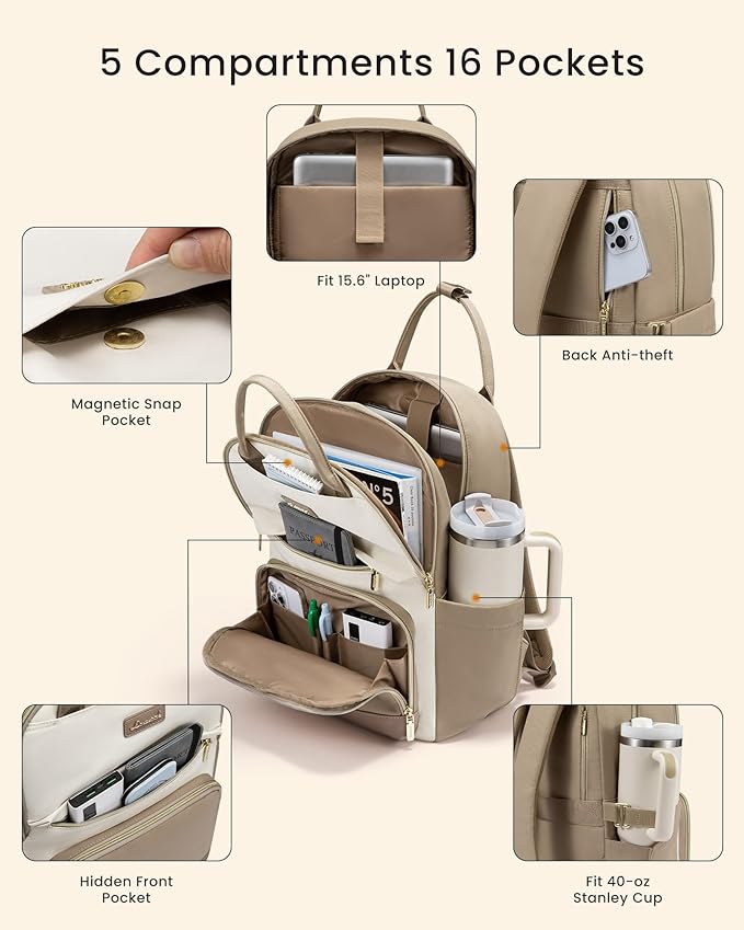 LOVEVOOK Laptop Backpack for Women with Giant Tumbler Holder Pocket, 15.6 inch Travel Work Backpack Purse for Teacher Nurse, Waterproof College Book Bag Cute Casual Daypack, Beige-Khaki