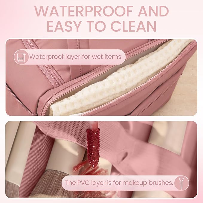 Travel Toiletry Bag for Women,Large Makeup Bag Organizer,Puffy Cosmetic Bag with Wet Dry Separation,Waterproof Toiletries Bag with Trolley Sleeve,Dark Pink