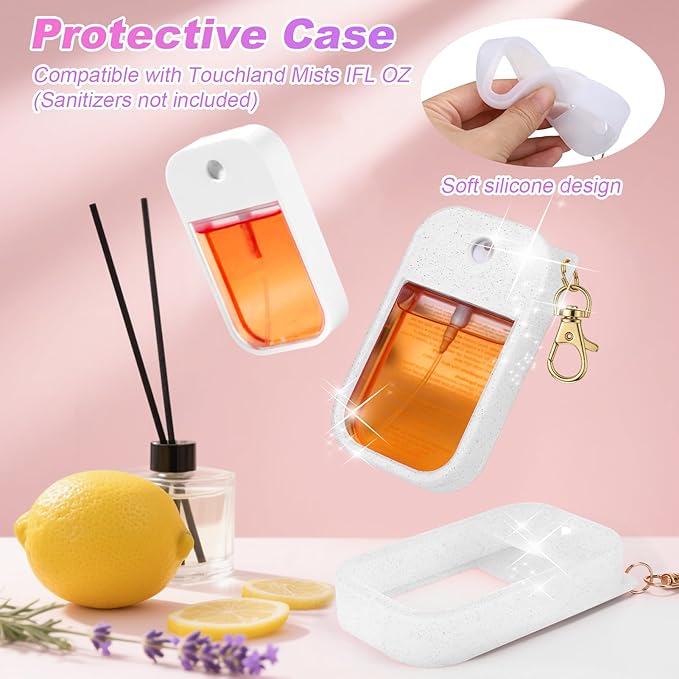 AIERSA 2Pcs Hand Sanitizer Spray Case Compatible with Touchland,Rabbit Ears Design Silicone Hand Sanitizer Case Holder with Keychain for Touch Land Mist Case 1FL. OZ（White+Gray