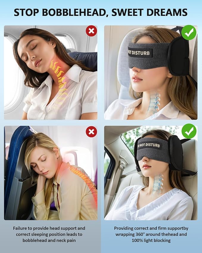 Travel Pillows for Airplanes, Plane Pillow with Eye Mask for Long Flights Sleeping, 360° Support Airplane Head Strap Compact Flight Essentials for Travel Sleep Neck Upright, Stop Bobblehead (Grey)