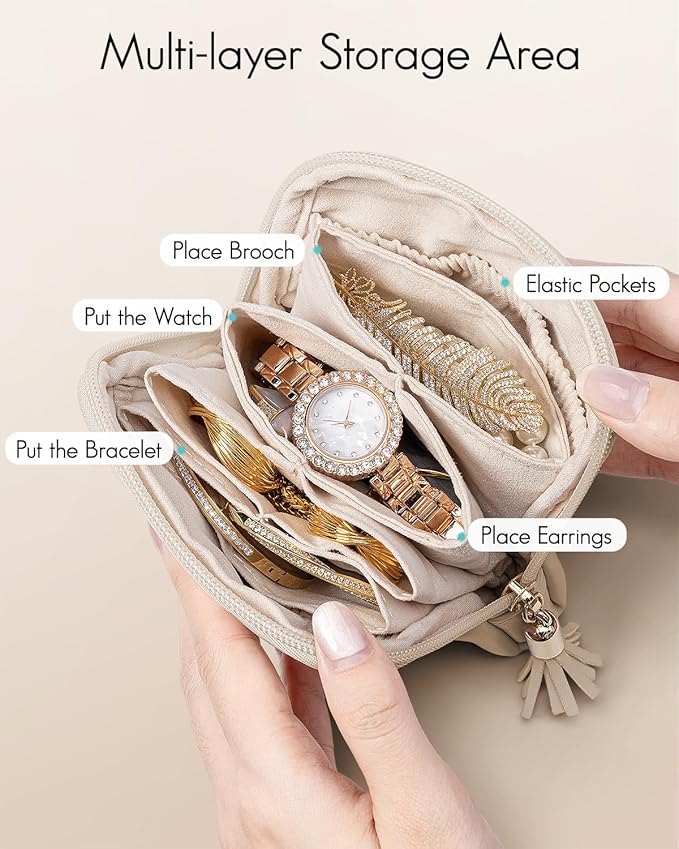 VLANDO Small Jewelry Travel Case,Gifts for Women,Jewelry Pouch Bags with Zipper,Velvet Jewelry Organizer Storage Bag for Bracelet Rings Earring-Toffee
