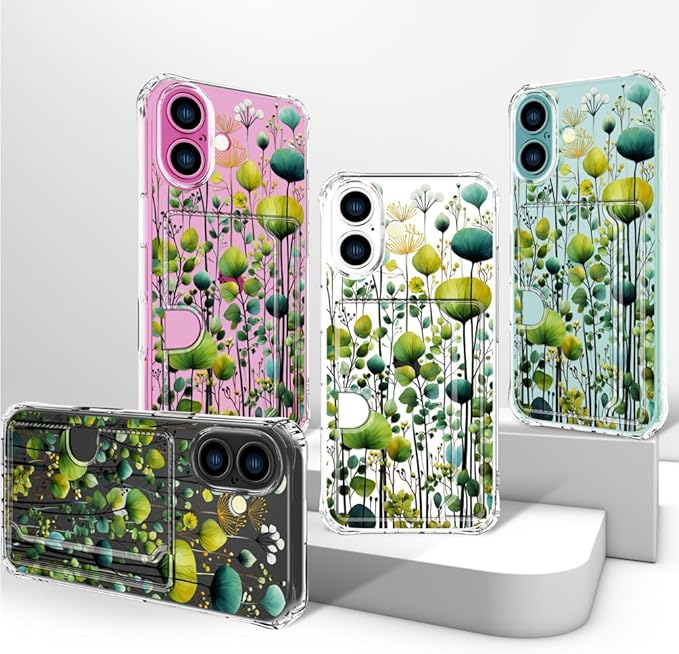 Compatible with iPhone 17 Case Card Holder for Women Cute Design,Wallet Phone Cases Transparent Cool Kawaii Protective (Clear Green Flower Leaves Buds)
