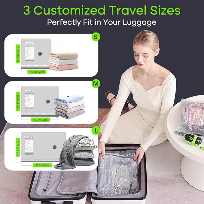 Vacbird Vacuum Bags for Travel with USB Pump, 18 Pack Compression Travel Vacuum Bags for Luggage and Suitcase, Carry-on Size Space Saver Bags for Clothes and Clothing