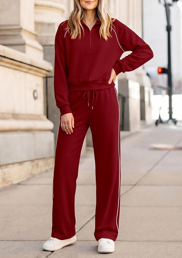 PRETTYGARDEN Women's 2 Piece Outfits Casual Lapel Half Zip Sweatshirts and Wide Leg Pants Tracksuit Sets