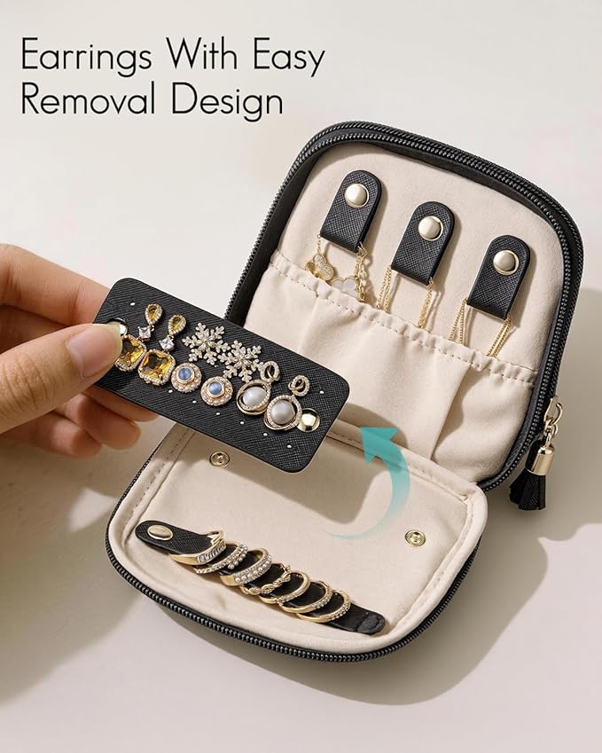 VLANDO Travel Jewelry Case,2-Layer Jewelry Organizer for Travel,Mothers Day Mom Gifts,Multi-Compartment Jewelry Storage for Rings Earrings Necklaces Bracelets-Black
