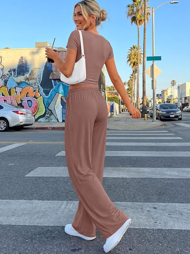 Trendy Queen 2 Piece Matching Summer Lounge Set Womens Side Ruching Top Wide Leg Pants Sets with Pockets