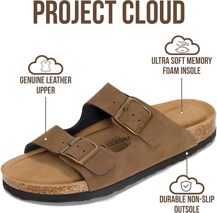 Project Cloud 100% Genuine Leather Flat Sandals For Women 2026 Cork Footbed Womens Sandals with Memory Foam and arch support Vacation Essentials Slides for Women Footwear (Venita)