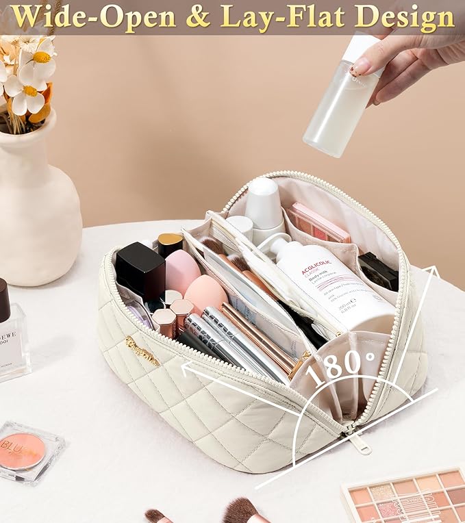 Travel Makeup Bag, 3 Pcs Large Capacity Puffy Toiletry Bag for Women, Open Flat Make up Cosmetic Organizer w/Handle & Clear Divider Water-resistant Portable Pouch Travel Essentials, M-Cream White
