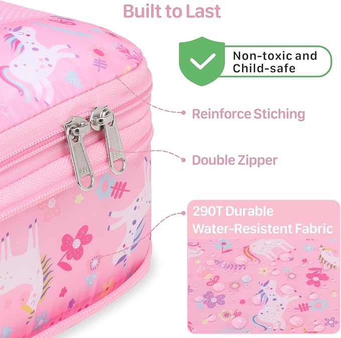 Kids Compression Packing Cubes, 4 Piece Set for Carry On Suitcase, Water Resistant Travel Luggage Organizers with Shoe Bag, Toddler Backpack Essentials (Pink Unicorn)