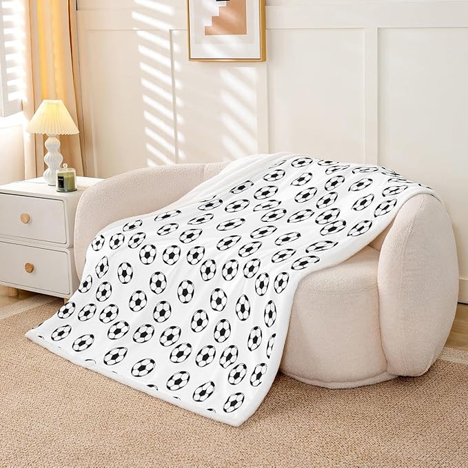 Soccer Kids Throw Blanket,Ball Sports Games Competition Bed Blanket for Girls Boys Adults,American Football Cartoon Fleece Blanket,Black White Unique Fuzzy Blanket,Twin Size (60 x 80 Inches)