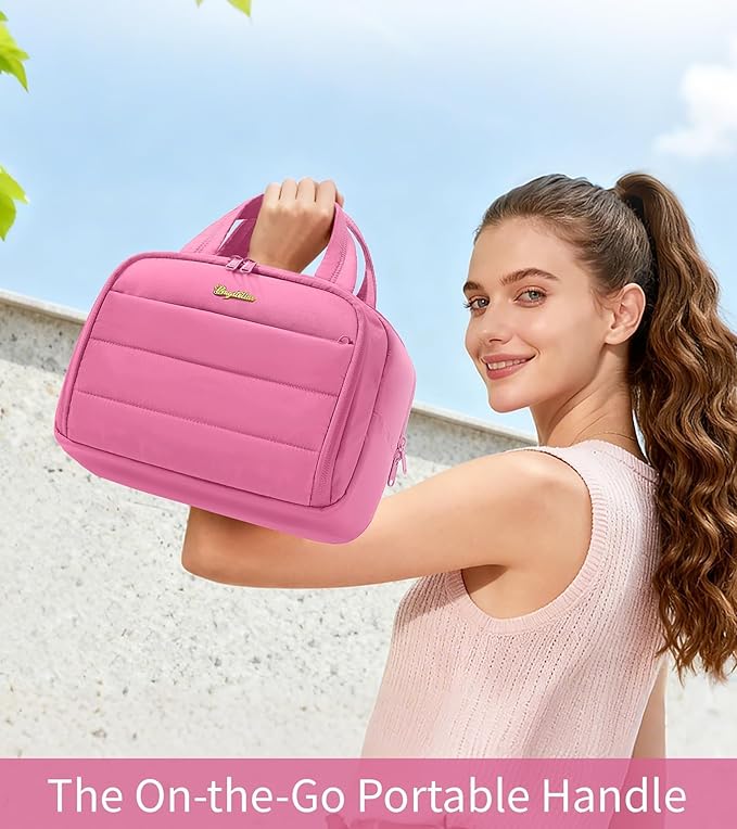 Bagstellar Travel Toiletry Bag for Women, Lightweight Large Quilted Puffy Makeup Bag Wide-open Make up Organizer Cloud Cosmetic Bag w/Handle for Traveling, Toiletries Essentials Accessories Rose Pink