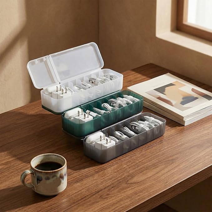 Charger Cable Cord Storage Organizer Box - 3 Pack With Lid - Easy Storage Without Cable Ties-Stackable Cord Organizer for Drawer