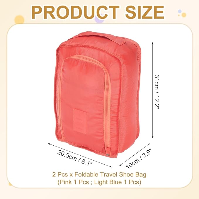 Foldable Travel Shoe Bag, Waterproof Shoe Pouches Organizer with Handle Travel Packing Cubes -Fitting for Storing (Sneakers/Sandals/Fitness Shoes) 2 Pcs & Pink/Light Blue