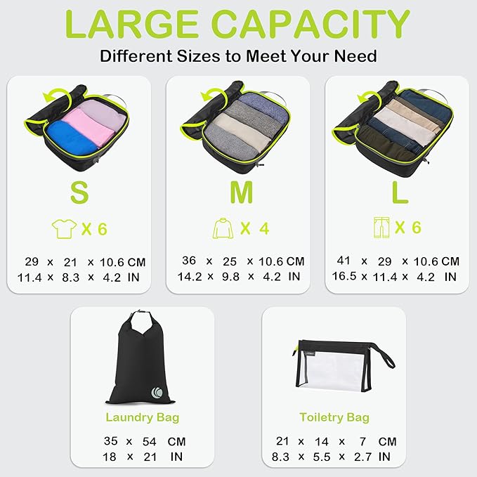 Cipway Compression Packing Cubes, Ultralight Luggage Organizer Bags with Laundry Bags and Clear Toiletries Bag, Travel Essentials for Carry on Suitcase (6 Piece,Black)