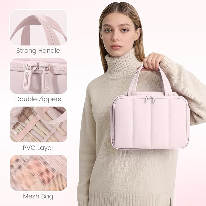 Cute Puffy Toiletry Bag for Women,Large Makeup Bag,Travel Cosmetic Bag with Adjustable Dividers & Trolley Sleeve,Toiletries Organizer,Light Pink