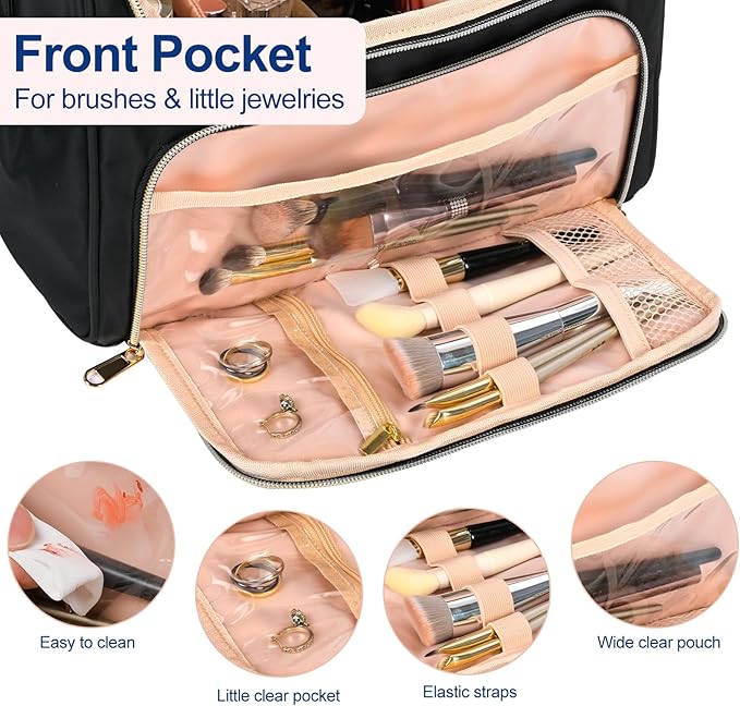 GR69N Travel Toiletry Bag Large Cosmetic Makeup Bag Organizer for Women,Wide-open Make Up Bag Waterproof Makeup Case Travel Bag with Handle and Dividers for Toiletries,Essentials,Accessories,Black