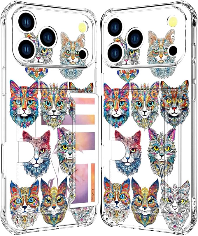 Compatible with iPhone 17 Pro Case Card Holder for Women Cute Design,Wallet Phone Cases Transparent Cool Kawaii Protective (Clear Tattoo Cats Animal)
