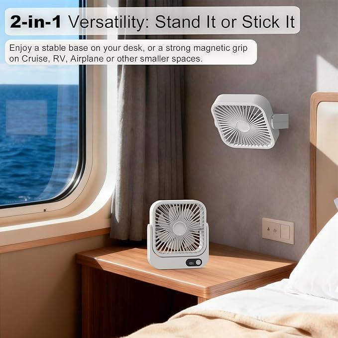 Portable Magnetic Travel Fan, 5000mAh Rechargeable Battery Powered, Mini Personal Travel Fan for Sleeping Attach Magnetically&Desk Use, Essentials for Italy European Travel Plane Hotel