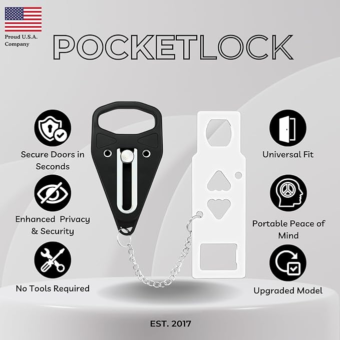 Portable Door Lock + Door Stop Alarm Set – Travel Safety Kit for Hotel Rooms, Home, Dorms & Apartments – (Black, 2-Pack - 2 Locks + 2 Alarms)