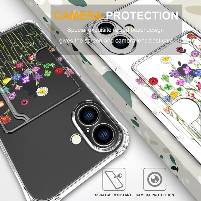Compatible with iPhone 16 Plus Case Card Holder for Women Cute Design,Wallet Phone Cases Transparent Cool Kawaii Protective (Clear Flower Floral Bouquet)