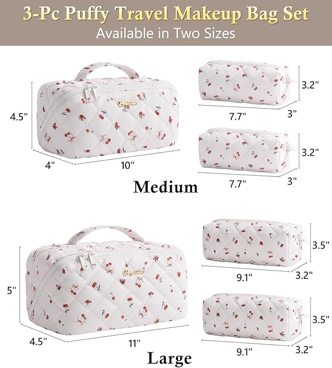 Travel Makeup Bag, 3 Pcs Large Capacity Puffy Toiletry Bag for Women, Open Flat Quilted Make up Cosmetic Organizer w/Handle & Clear Divider Water-resistant Portable Pouch Travel Essentials, M-Cherry