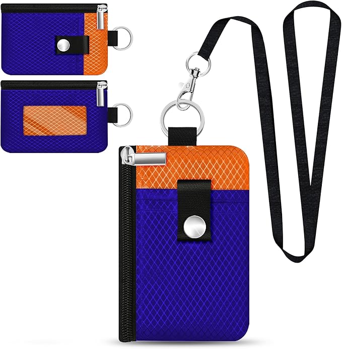 Minimalist RFID Blocking Small Wallet with ID Window,WaterResistant Zip Id Case Wallet with Lanyard Keychain for Cards,Cash,Travel,Women,Men (Sapphire Blue/Orange)