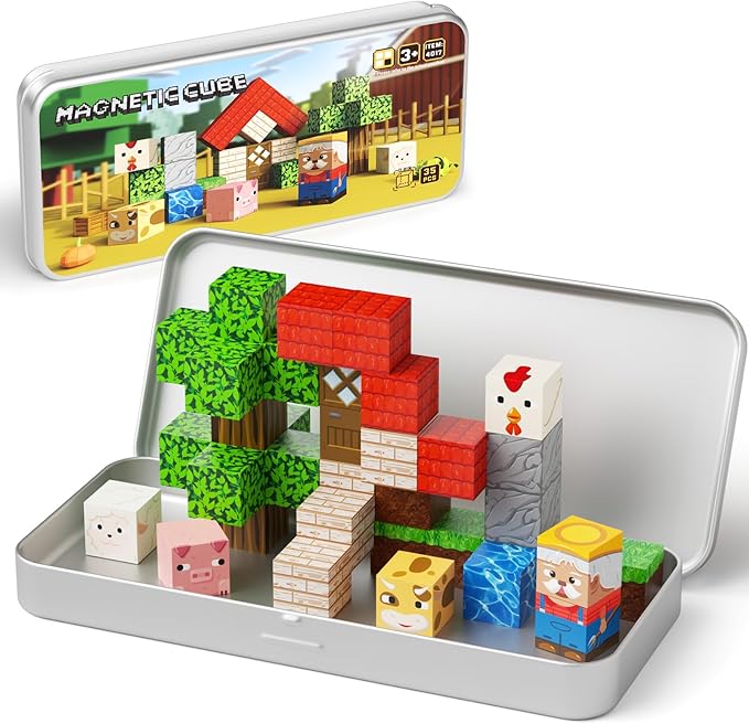 Mini Magnetic Blocks Farm Animals Travel Toys, 35PCS Portable STEM Magnetic Building Cubes with Metal Storage Box for Kids Ages 4-8, Road Trip & Airplane Essentials