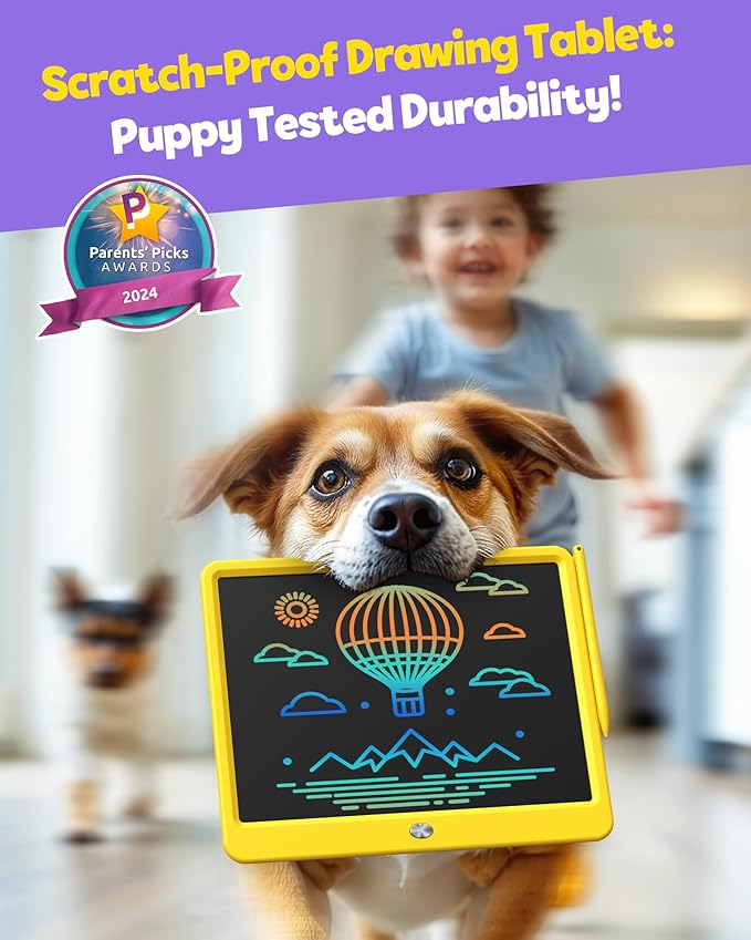 TEKFUN 12 Inch LCD Writing Tablet for Kids, Coloring Drawing Pad, Mess Free Doodle Board, Airplane Travel Toys for Boys and Toddlers, Road Trip Essentials, Gifts for 3-8 Year Old Girls (Yellow)