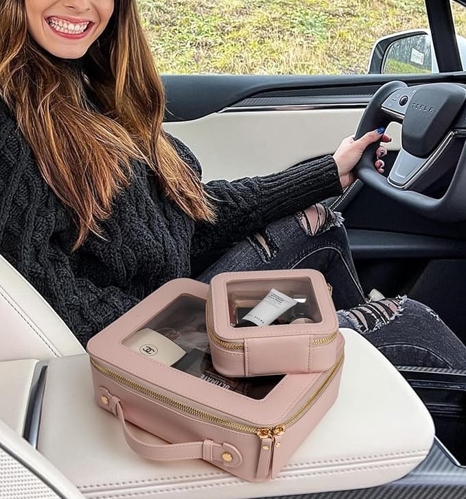 LETGO 2 Pcs Clear Makeup Bags with Zipper Toiletry Bags for Car Essentials Cosmetic Purse Pouches PVC Transparent Storage Pouch Travel Portable Car Organizer for Women Gift (Mini+Large Nude)