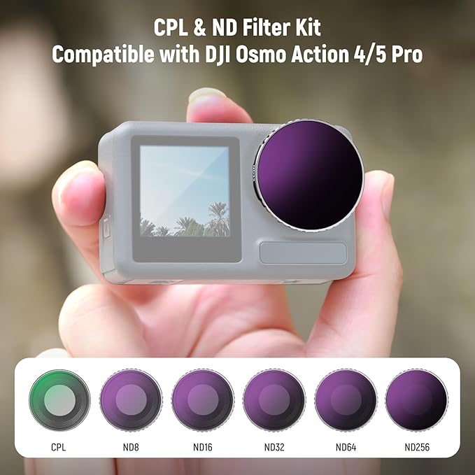 NEEWER 6 Pack ND Filter Set Compatible with DJI Osmo Action 5 Pro/Action 4, Multicoated HD Optical Glass CPL + ND8 + ND16 + ND32 + ND64 + ND256 Action Camera Lens Neutral Density Accessories, FL-N70