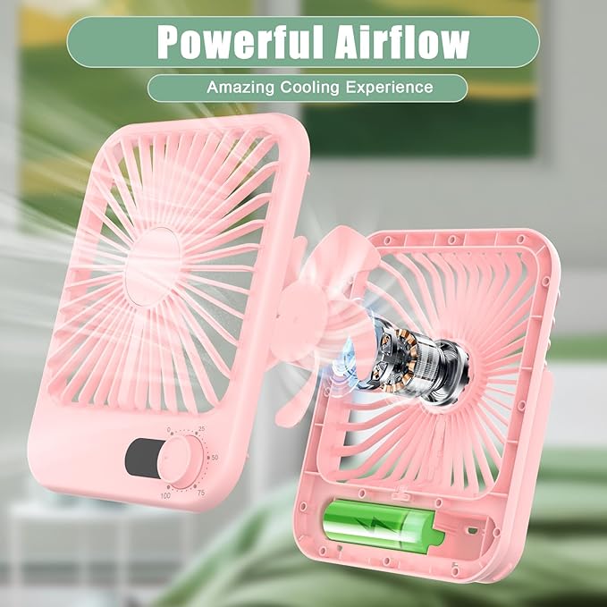 Portable Fan Rechargeable, Small Desk Fan Quiet, 180°Tilt Adjustable Personal Fan for Sleeping, Battery Operated, 100 Speeds, Table Fan for Bedroom Office Home Outdoor, Pink