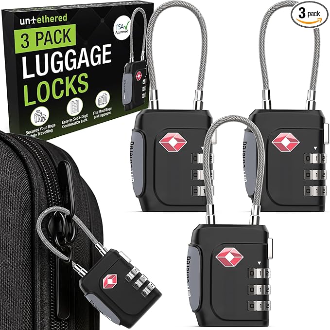 Untethered TSA Luggage Locks (3 Pack) – Resettable 3-Digit Combination TSA Approved Travel Padlocks for Suitcases, Backpacks, Gym Bags & Checked Baggage (3 Pack | Black)