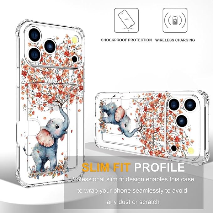 Compatible with iPhone 17 Pro Case Card Holder for Women Cute Design,Wallet Phone Cases Transparent Cool Kawaii Protective (Clear Elephant Creating Flowers)