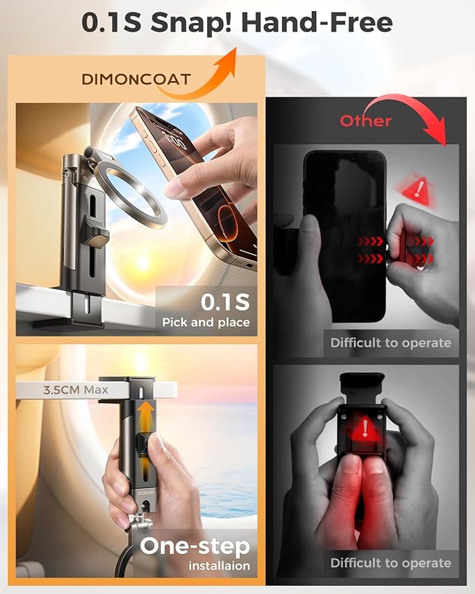 DIMONCOAT for Metal Magsafe Airplane Phone Holder [24*N55 Ultra Magnetic] 360° Adjustable Hands-Free Airplane Phone Mount, Airplane Essentials Phone Stand for Women Men, for iPhone 17 16 15 Pro Max