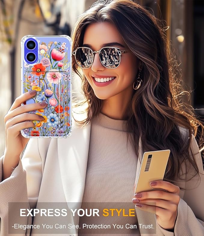 Compatible with iPhone 16 Plus Case Card Holder for Women Cute Design,Wallet Phone Cases Transparent Cool Kawaii Protective (Clear Flowers Lily Girly Florals)