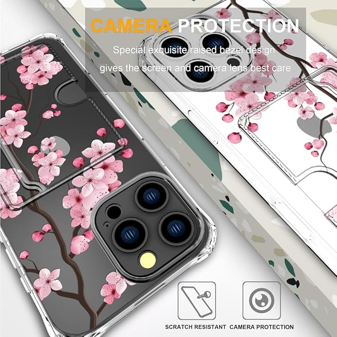 Compatible with iPhone 16 Pro Case Card Holder for Women Cute Design,Wallet Phone Cases Transparent Cool Kawaii Protective (Clear Sakura Peach Cherry)