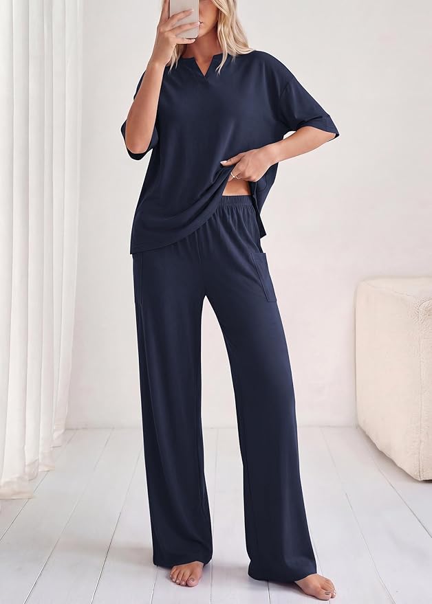 KIRUNDO Womens 2 Piece Matching Lounge Set Airport Travel Vacation Summer Outfits Oversized Short Sleeve Tops Wide Leg Pants