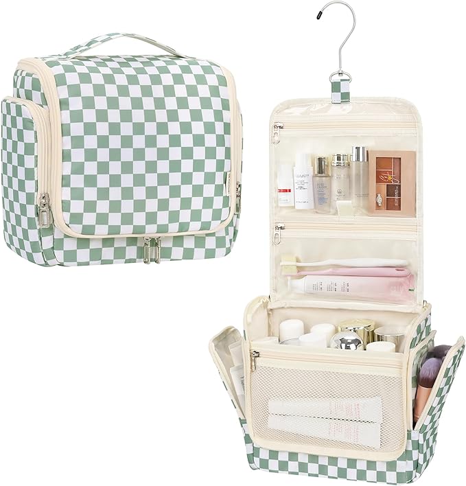 Relavel Travel Toiletry Bag for Women Makeup Bag Cosmetic Organizer Toiletries Bag with Hanging Hook for Travel Size Essentials Accessories Shower Caddy Bag for Bathroom Beach Gym, Green Checkerboard