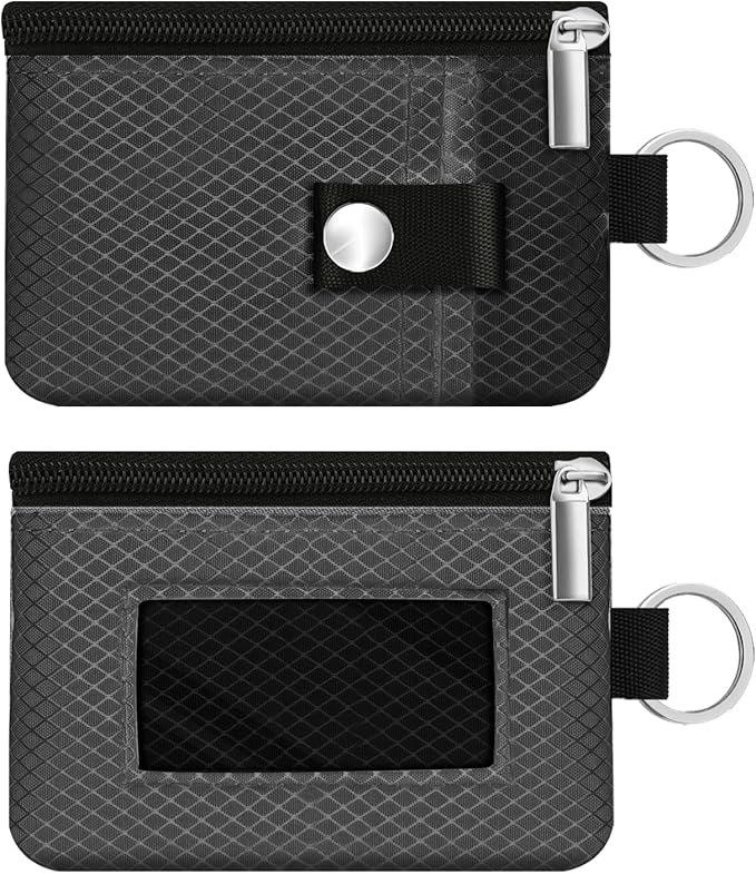Minimalist RFID Blocking Small Wallet with ID Window,WaterResistant Zip Id Case Wallet with Lanyard Keychain for Cards,Cash,Travel,Women,Men (DarkGrey/Black)