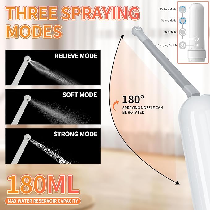 Rechargeable Portable Bidet for Travel 180ML, IPX7 Waterproof Electric Bidet Sprayer with 3 Spraying Modes for Personal Hygiene Cleaning, Soothing Postnatal Care, Perineal & Hemorrhoid Treatment