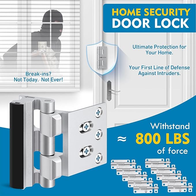 Door Reinforcement Lock, 800 lbs Anti-Kick Child-Proof Security for Inward-Swing Doors – Home & Renter Friendly, Quick DIY Install (8 Screws Included, 1 Pack) for Apartments and Houses