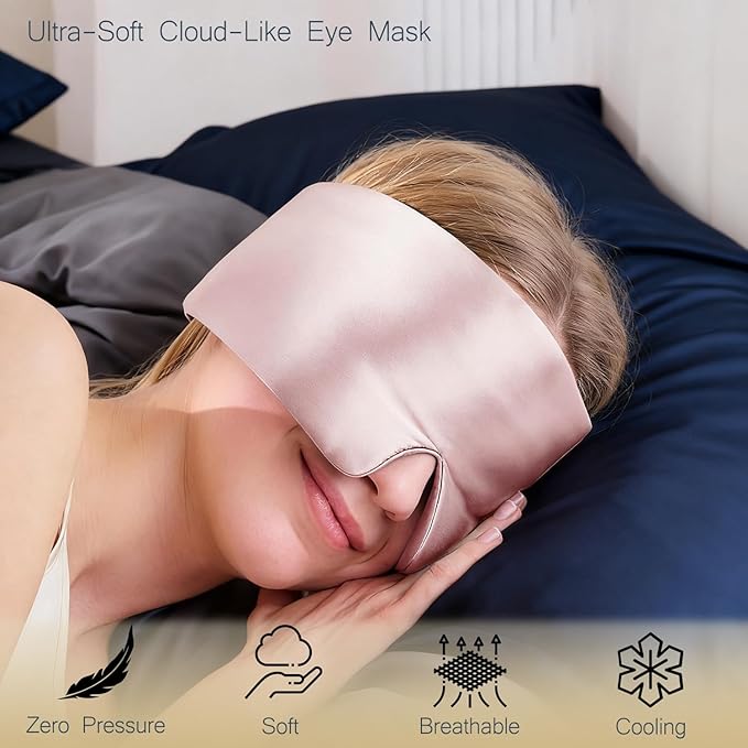 Satin Sleep Eye Mask, 100% Complete Blackout Sleeping Mask for Women Men Side Sleepers, Zero Pressure Eye Shade with Adjustable Strap, Lightweight Breathable Night Blindfold for Travel Shift Work Naps
