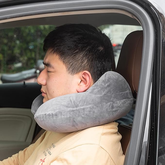 Inflatable Travel Pillow, Neck Pillow Support for Traveling, Airplanes, Cars, and Offices with Compact Carrying Bag, Soft Velvet Washable Cover, Ideal for Adult Sleepers (Grey)