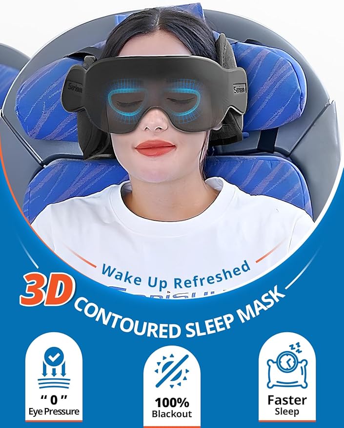 SARISUN Travel Pillow Combo with Chin Strap, Airplane Pillows with 3D Eye Mask for Sleeping, 360° Support Plane Head Strap for All Plane Seats, Long Flights Essentials, Stop Bobblehead, Pink