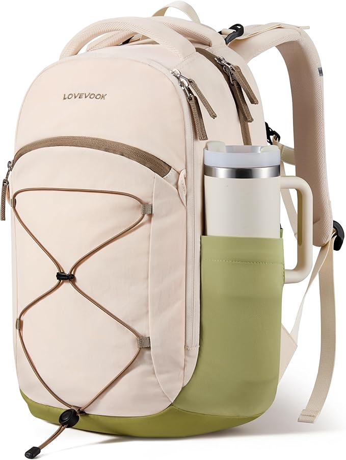LOVEVOOK Everyday Laptop Backpack for Women & Men With Tumbler Holder,18 Inch Classic Travel Work College Teacher Carry on Backpack Purse,Waterproof Computer laptop Bag Hiking Backpack,Beige-Green