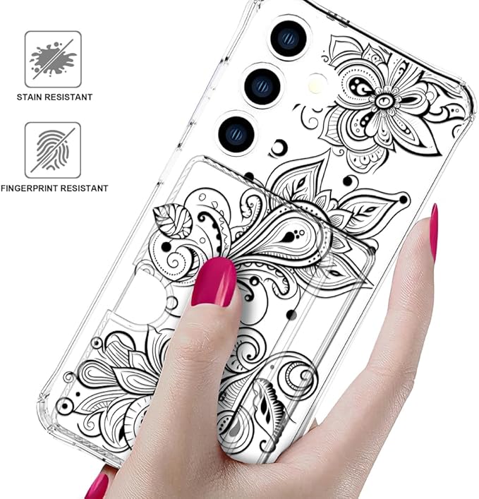 Compatible with Samsung Galaxy S24+ Plus / S25+ Plus Case Card Holder for Women Cute Design,Wallet Phone Cases Transparent Cool Kawaii Protective (Clear Black Henna Flower)