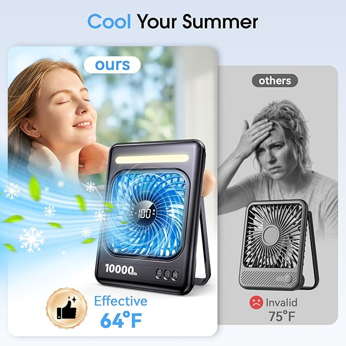10000mAh Portable Travel Fan, 5 Speeds Strong Wind Cruise Fan with LED Lantern, 24H Runtime Cordless Personal USB Fan, 2/4/6/8H Timer, Ultra-thin Quiet Desk Fan for Camping, Office, Bedroom, Beach