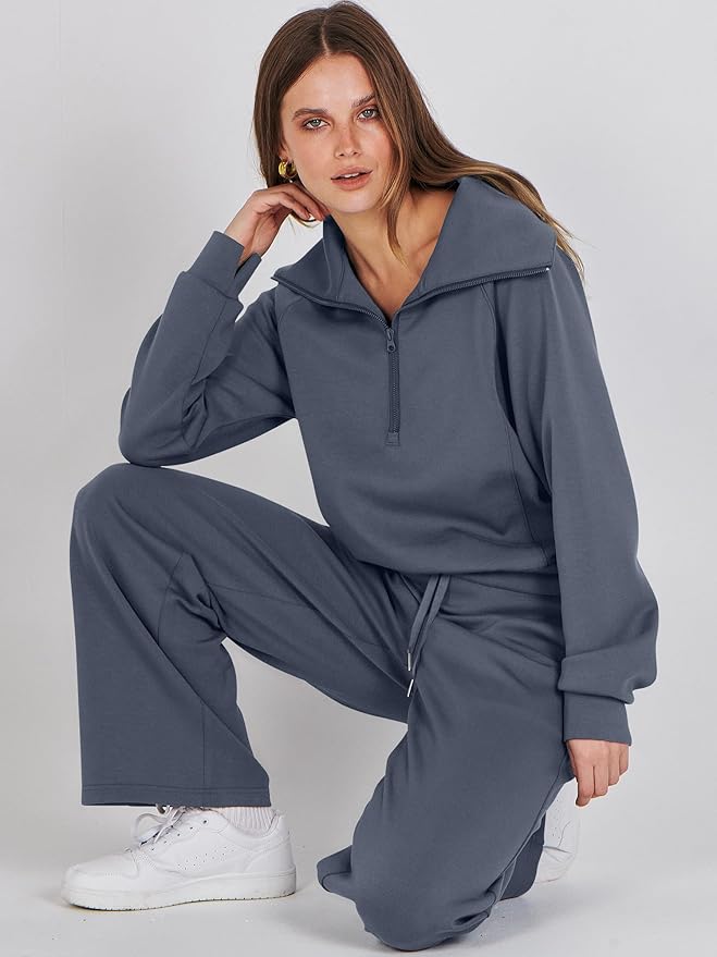 ANRABESS Women 2 Piece Outfits 2025 Fall Fashion Airport Wide Leg Pants Lounge Set Leisure Travel Vacation Clothes Sweatsuits